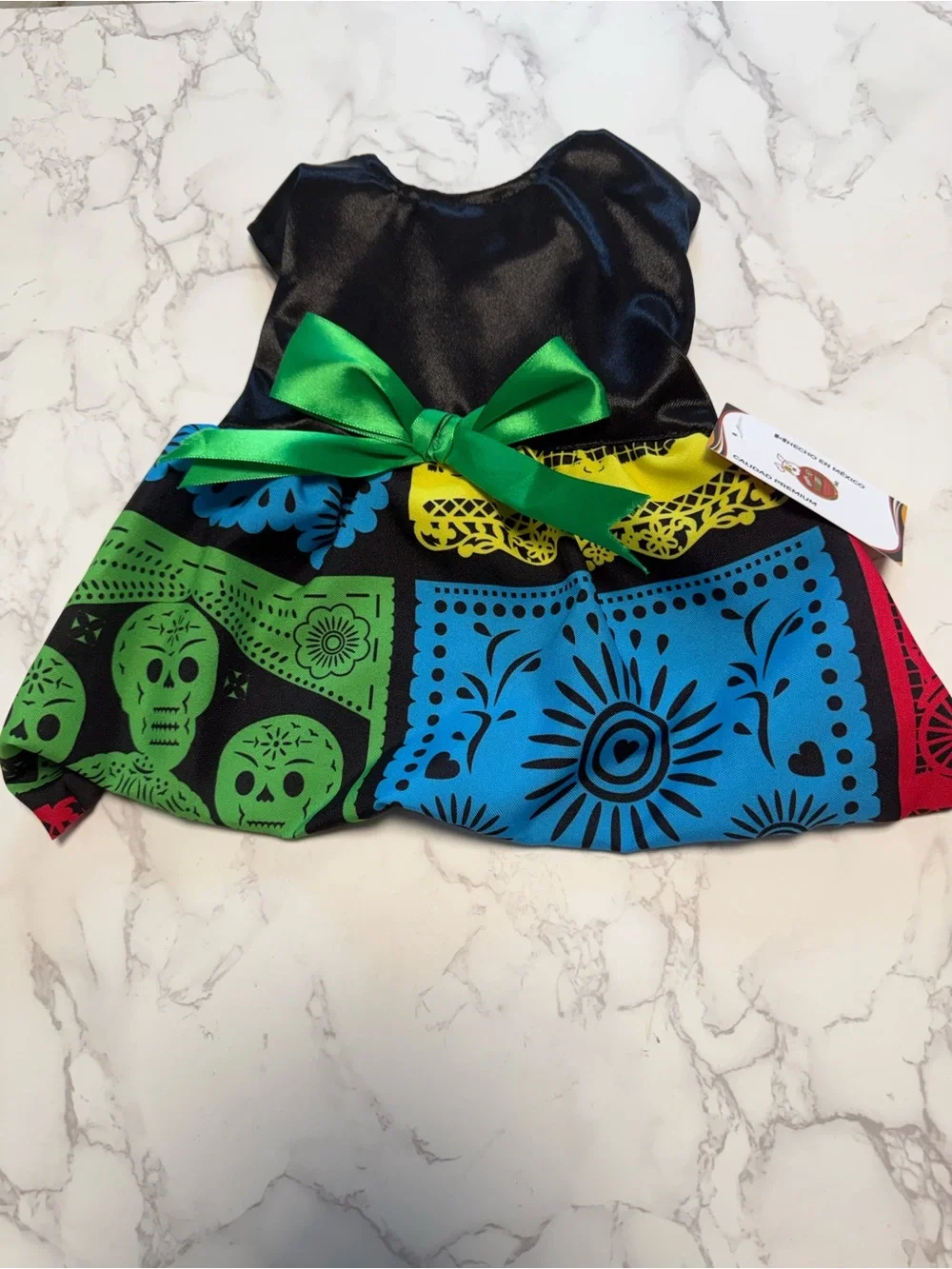Pet Warrior Dog/Cat Day of the Dead Costume Dress with Green Bow.